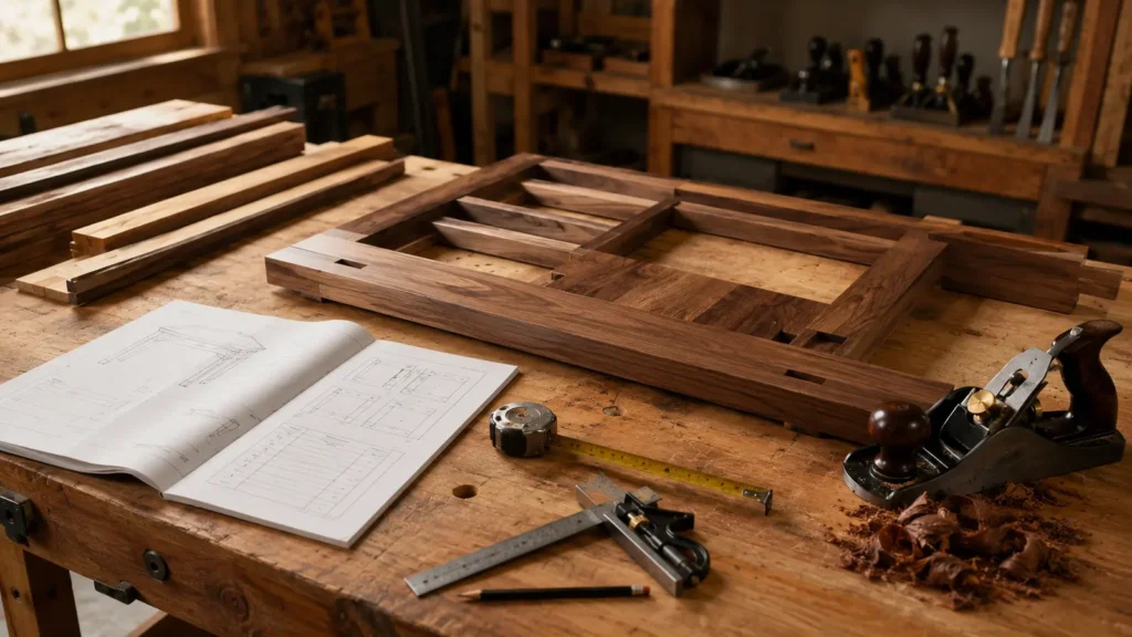 Woodworking plans and measured hardwood project on a workbench